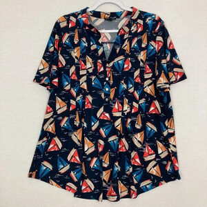 Ava & Grace Blue Multi Boat Print Stretch Pintuck Popover Short Sleeve Top 1X